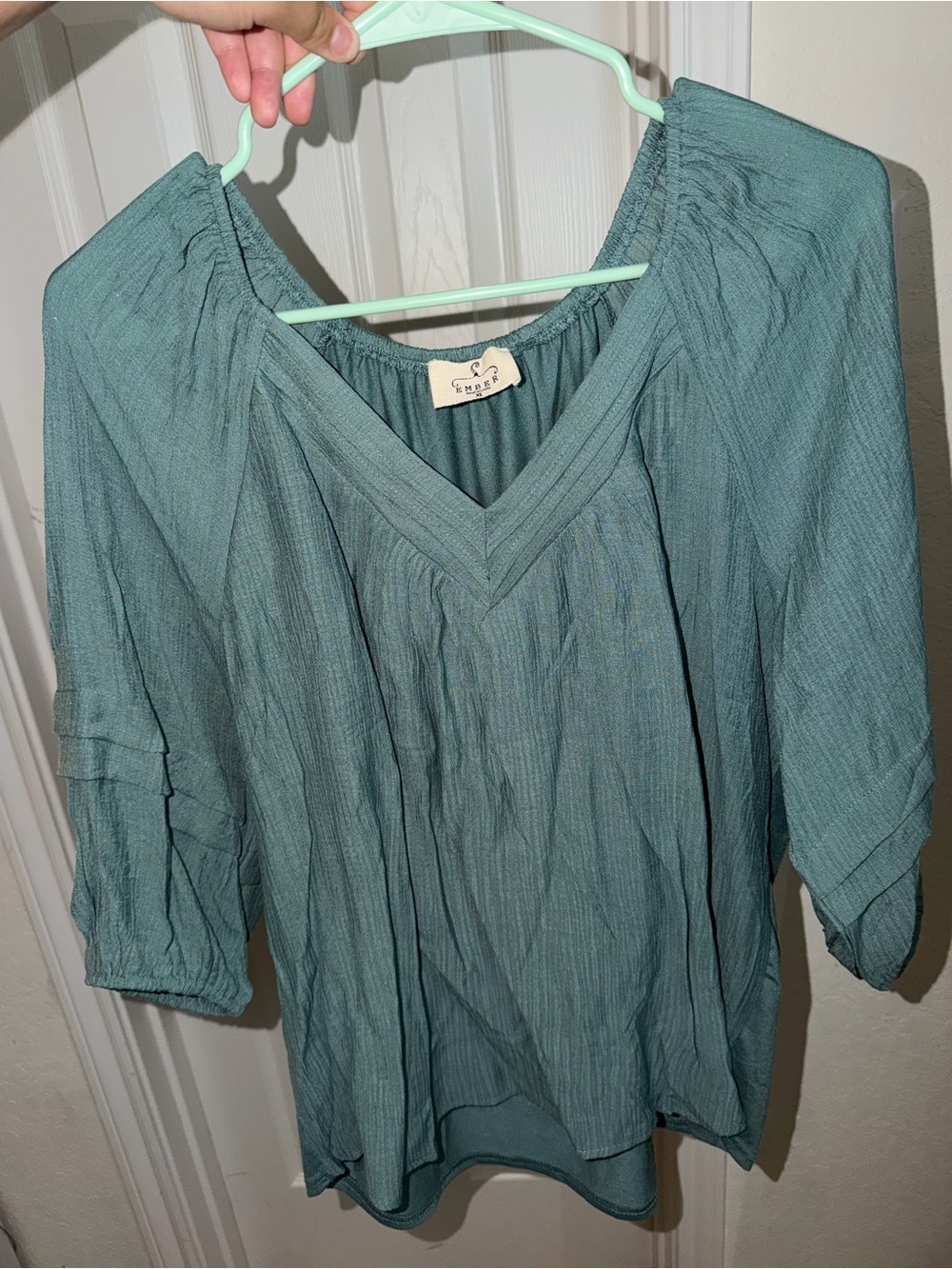 Textured “Ember” Teal V-Neck Blouse